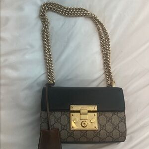 Authentic Gucci Black and Beige padlock Crossbody Bag with Gold Chain
